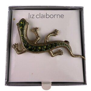 Liz Claiborne Womens Green Rhinestone Gecko Brooch Pin With Box Metal Jewelry